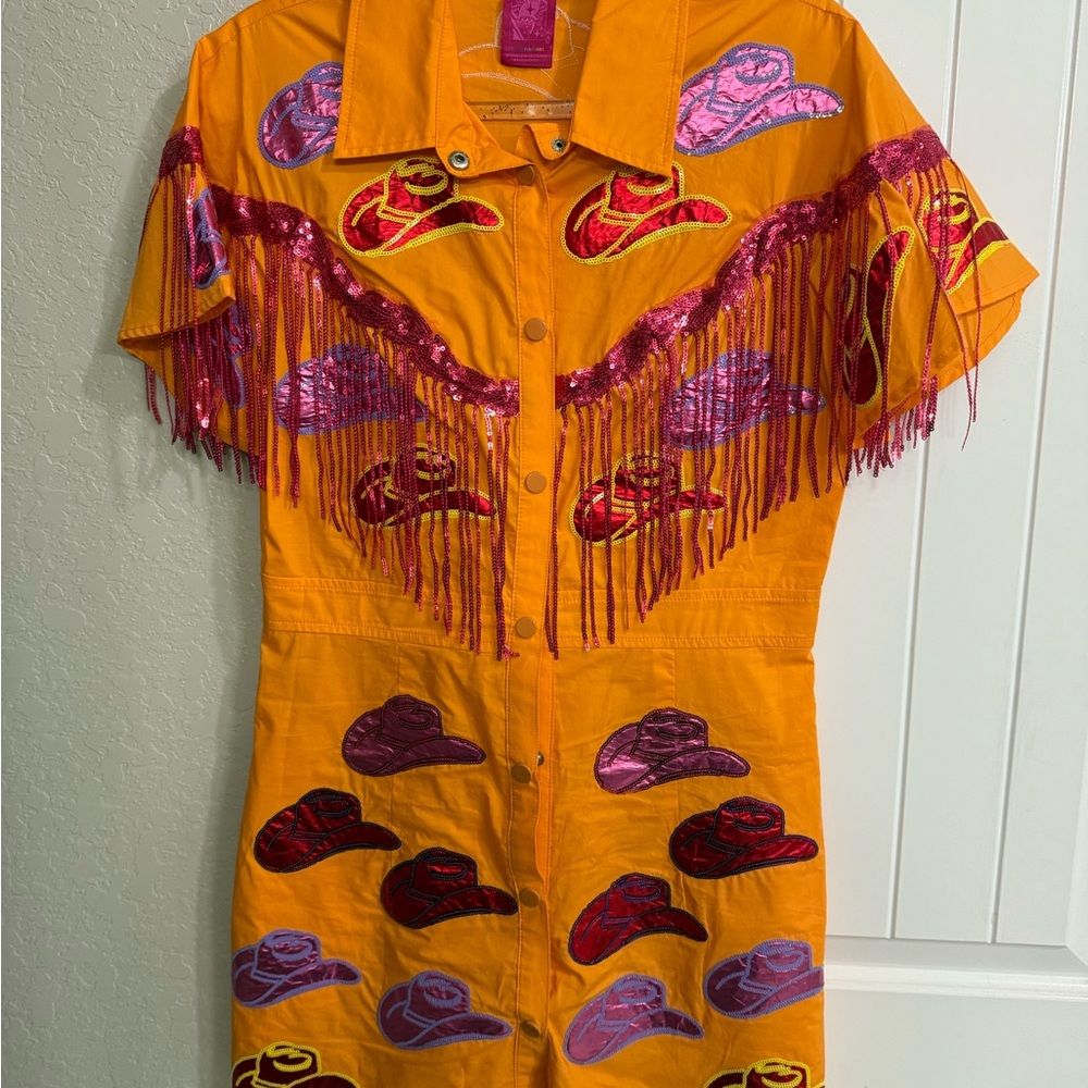 Queen of Sparkle Burnt Orange Fringe Boot/Cowboy Hat Dress
